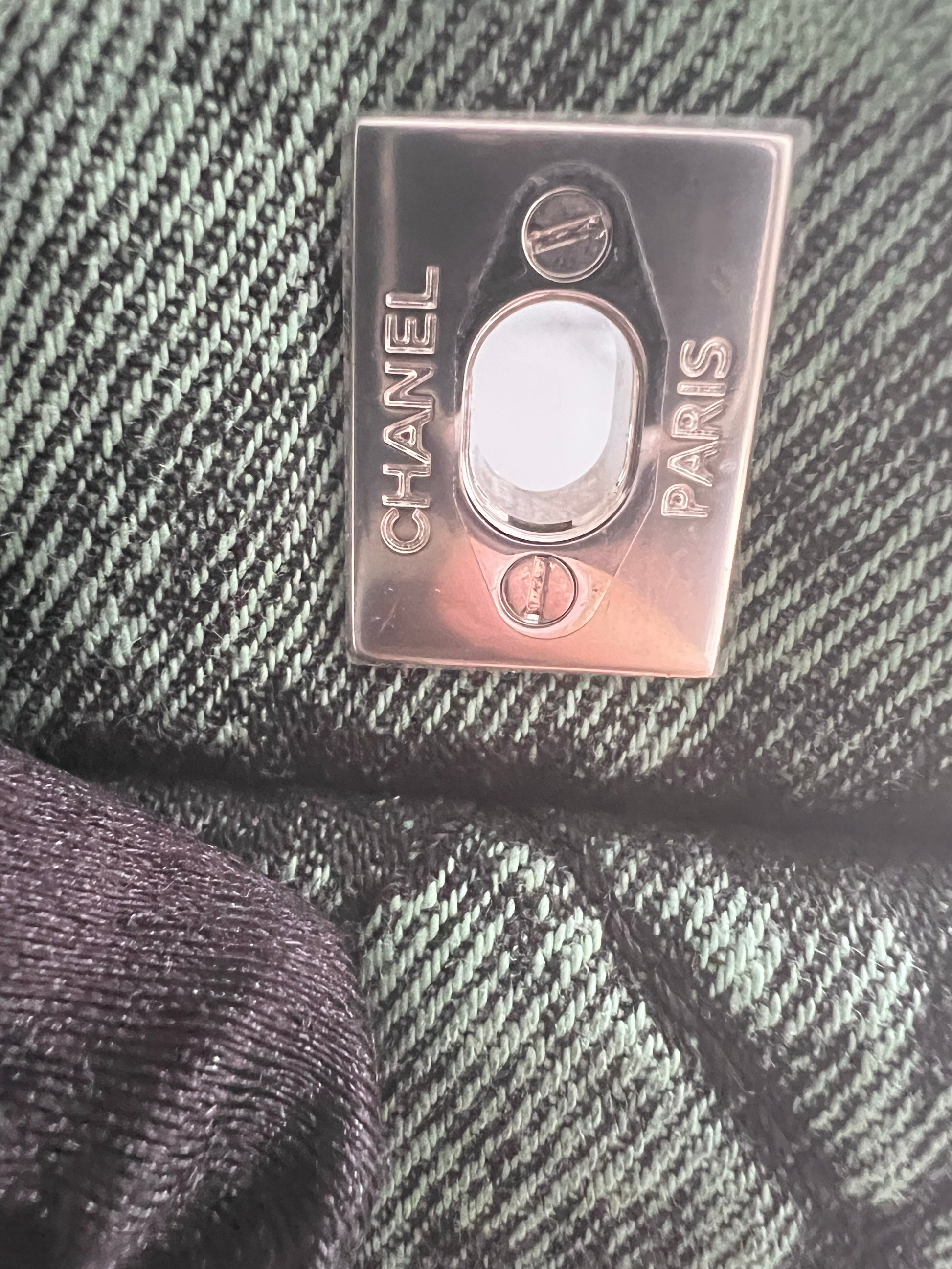 NWOT! Chanel Denimprassion Flap Bag Quilted distressed denim XL green