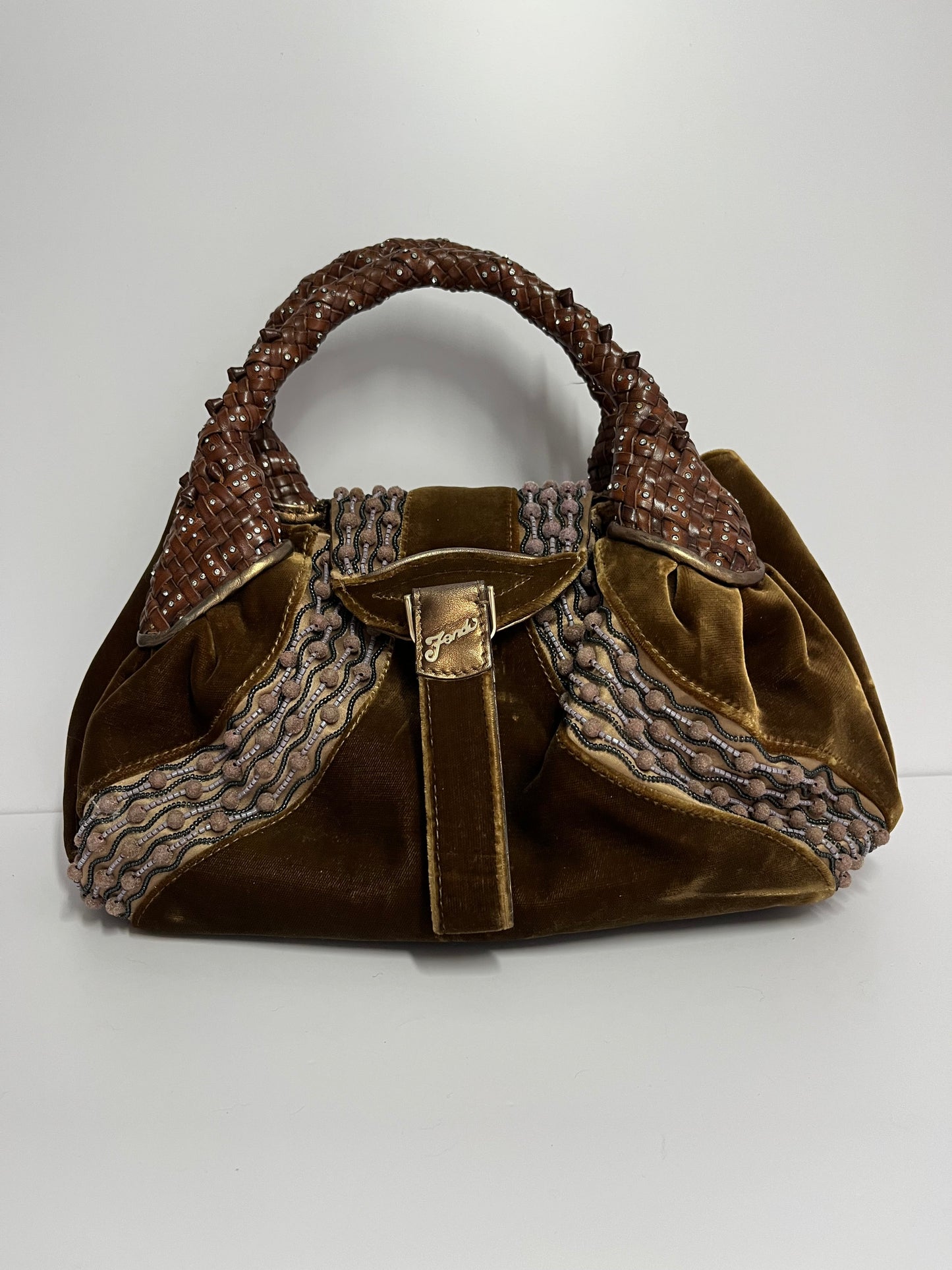 Fendi spy brown glitter leather handle bag