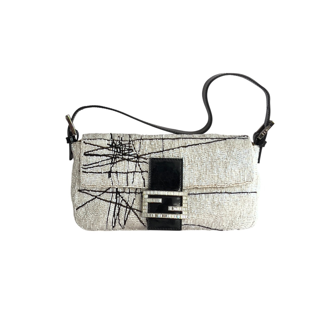 Vintage Fendi White& Black “Spider web”Beaded Baguette Rare