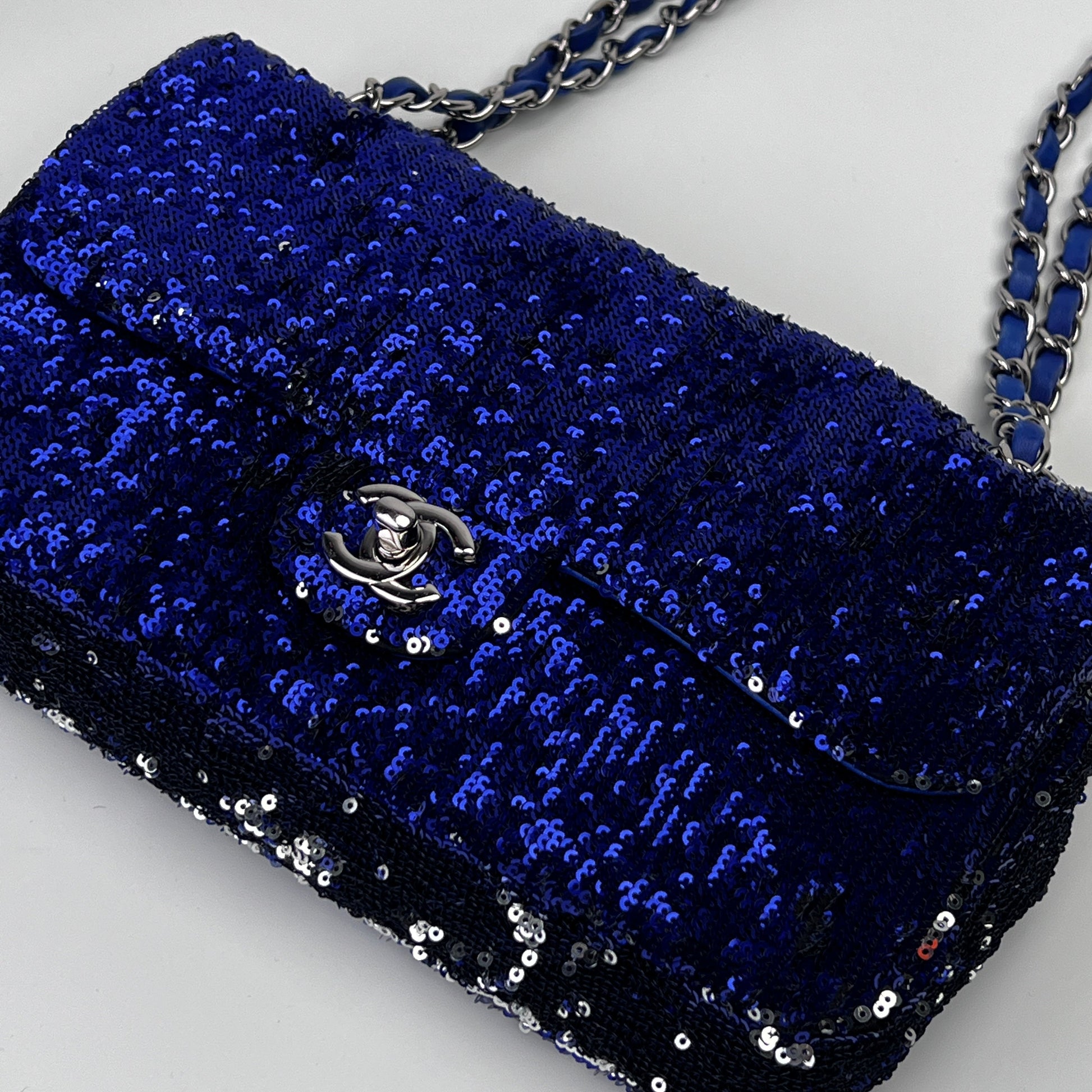 Chanel Blue marine sequin medium size single flap bag