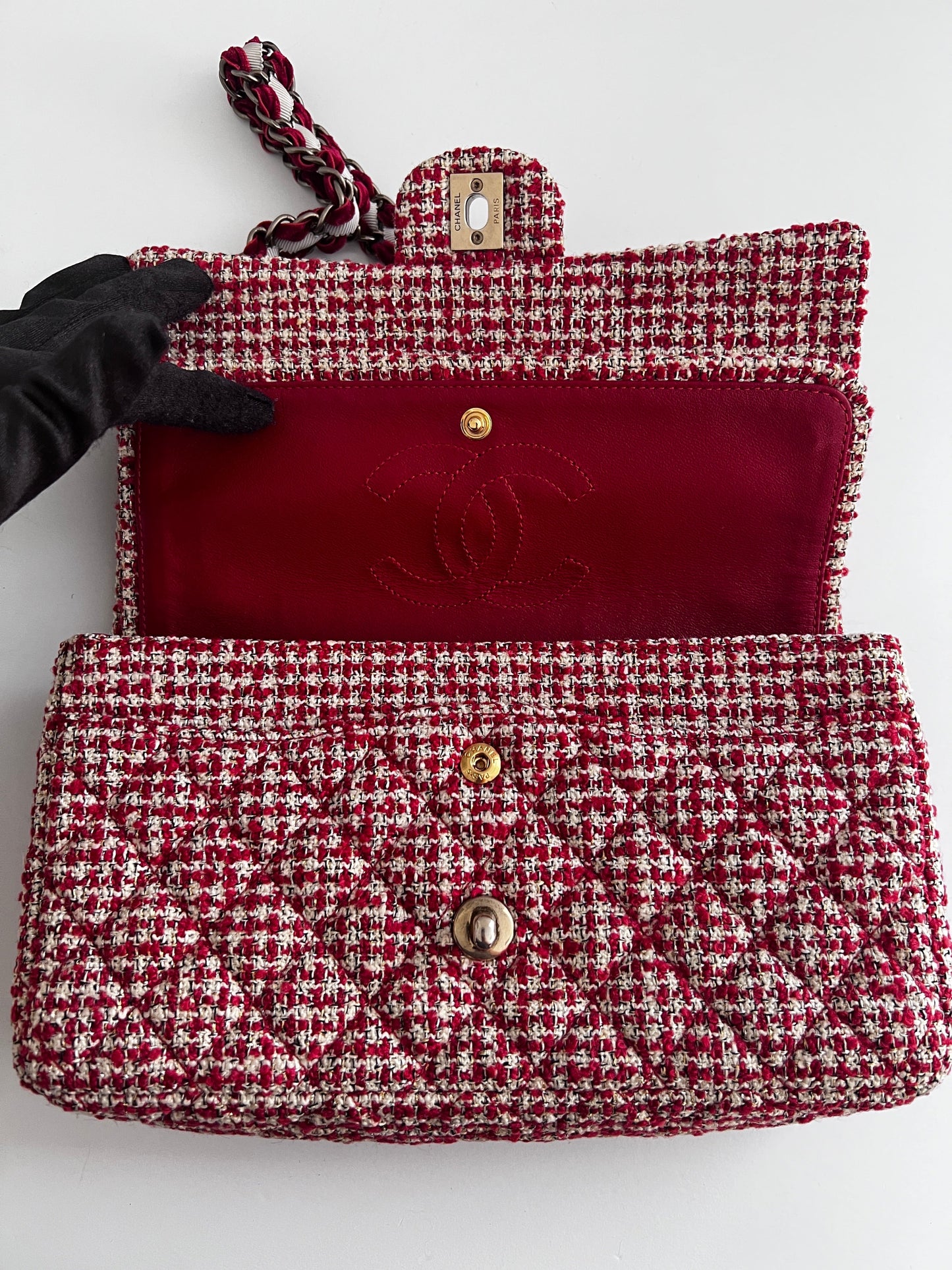 Chanel red velvet chain double flap tweed bag