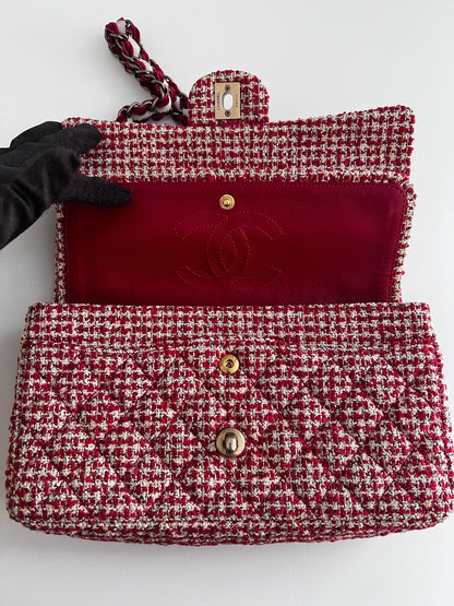 Chanel red velvet chain double flap tweed bag
