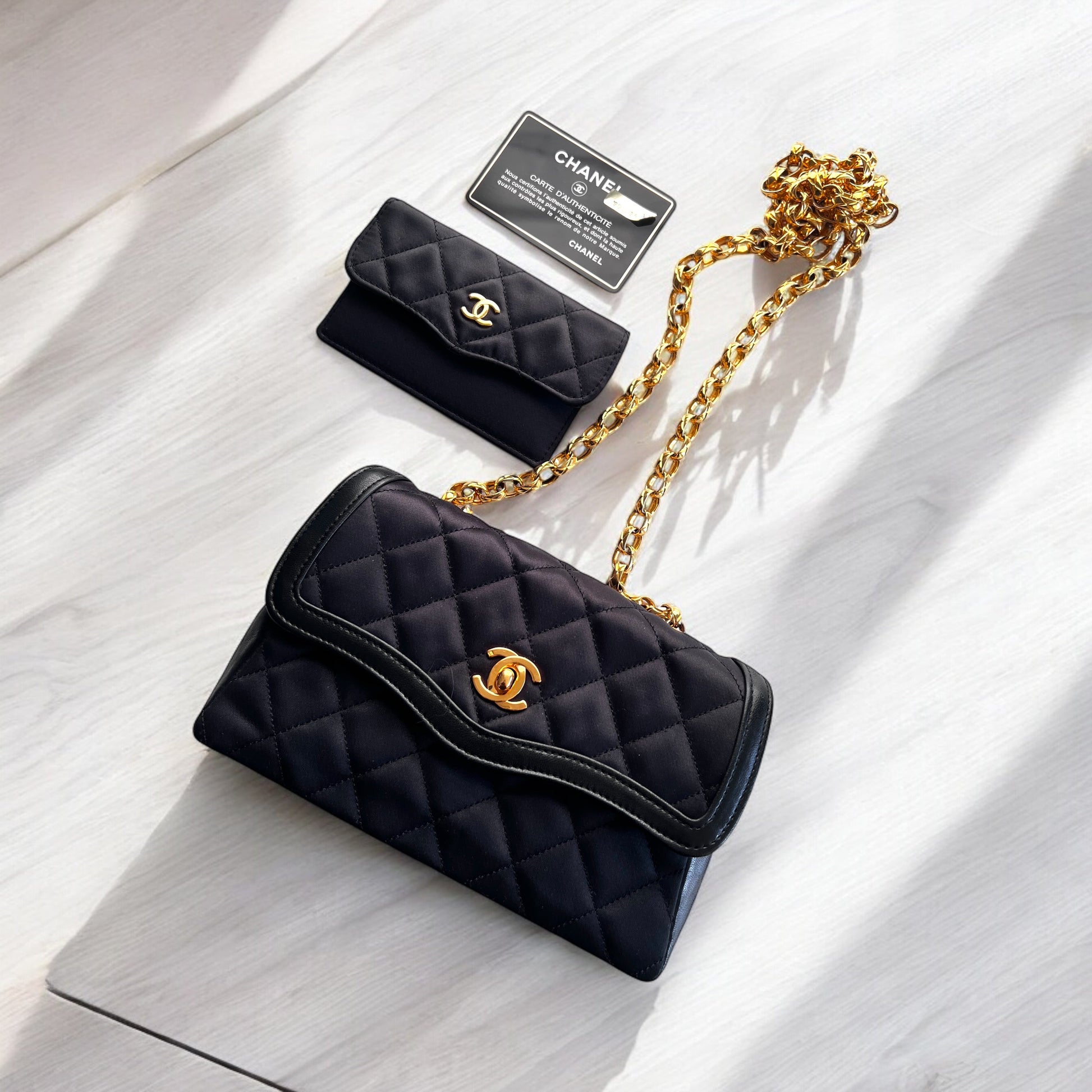 Vintage Chanel satin & leather flap bag with card holder