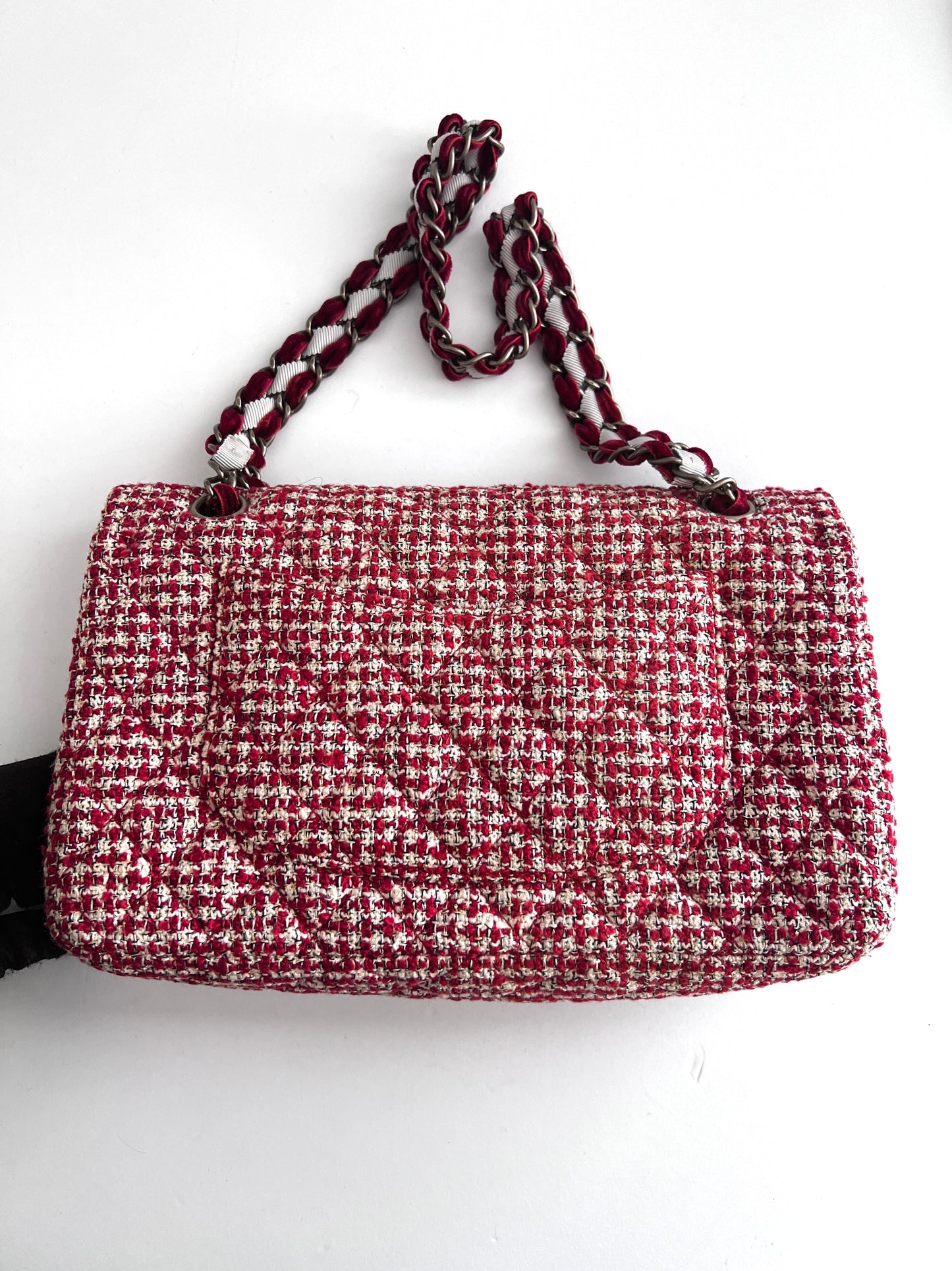 Chanel red velvet chain double flap tweed bag