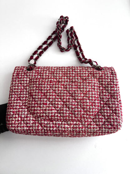 Chanel red velvet chain double flap tweed bag