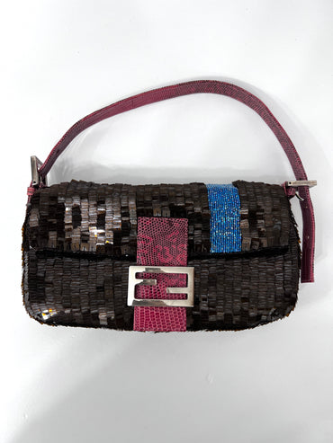 Fendi brown sequin blue stripe baguette