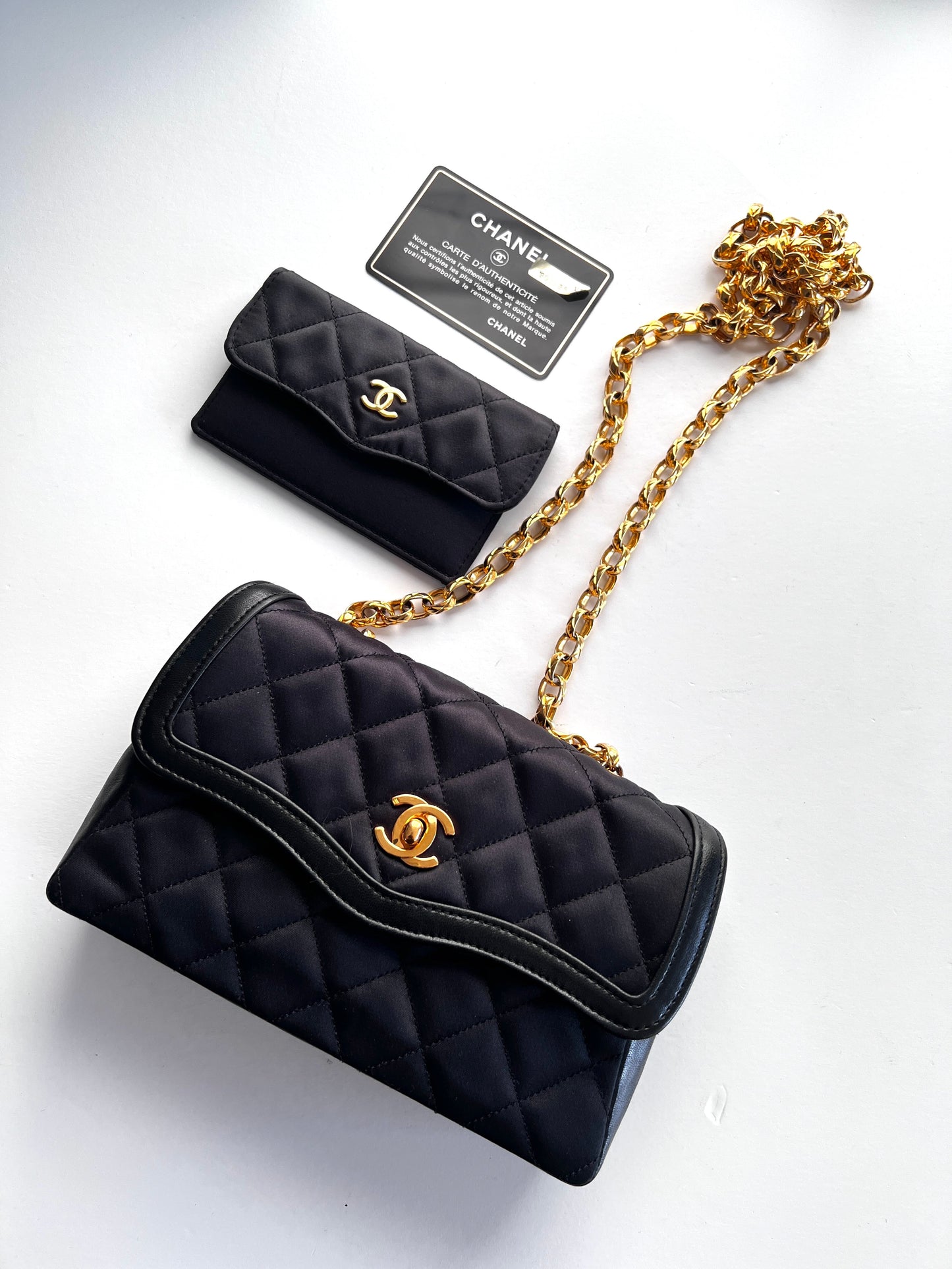 Vintage Chanel satin & leather flap bag with card holder