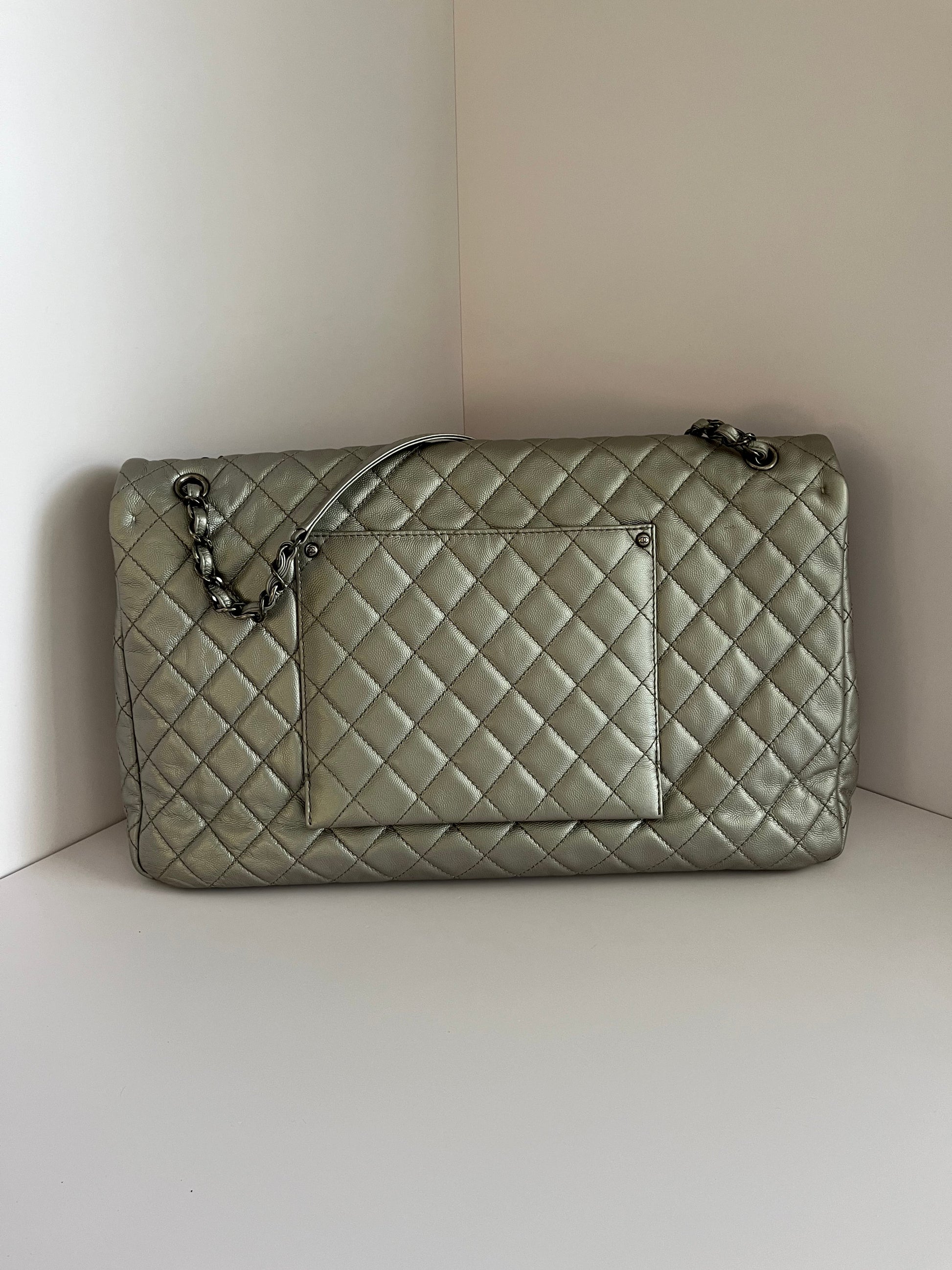 Chanel Classic Flap XXL Silver Leather Travel Bag