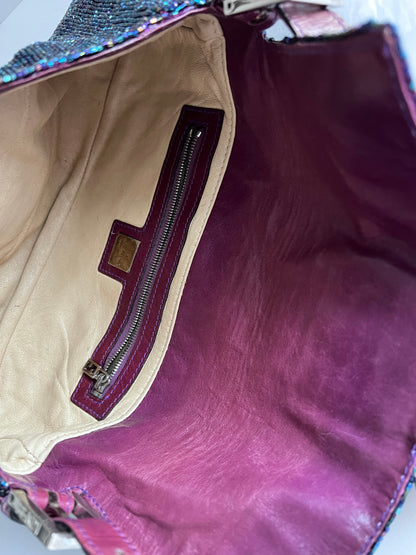 Fendi Vintage iridescent beaded lizard skin trimmed baguette