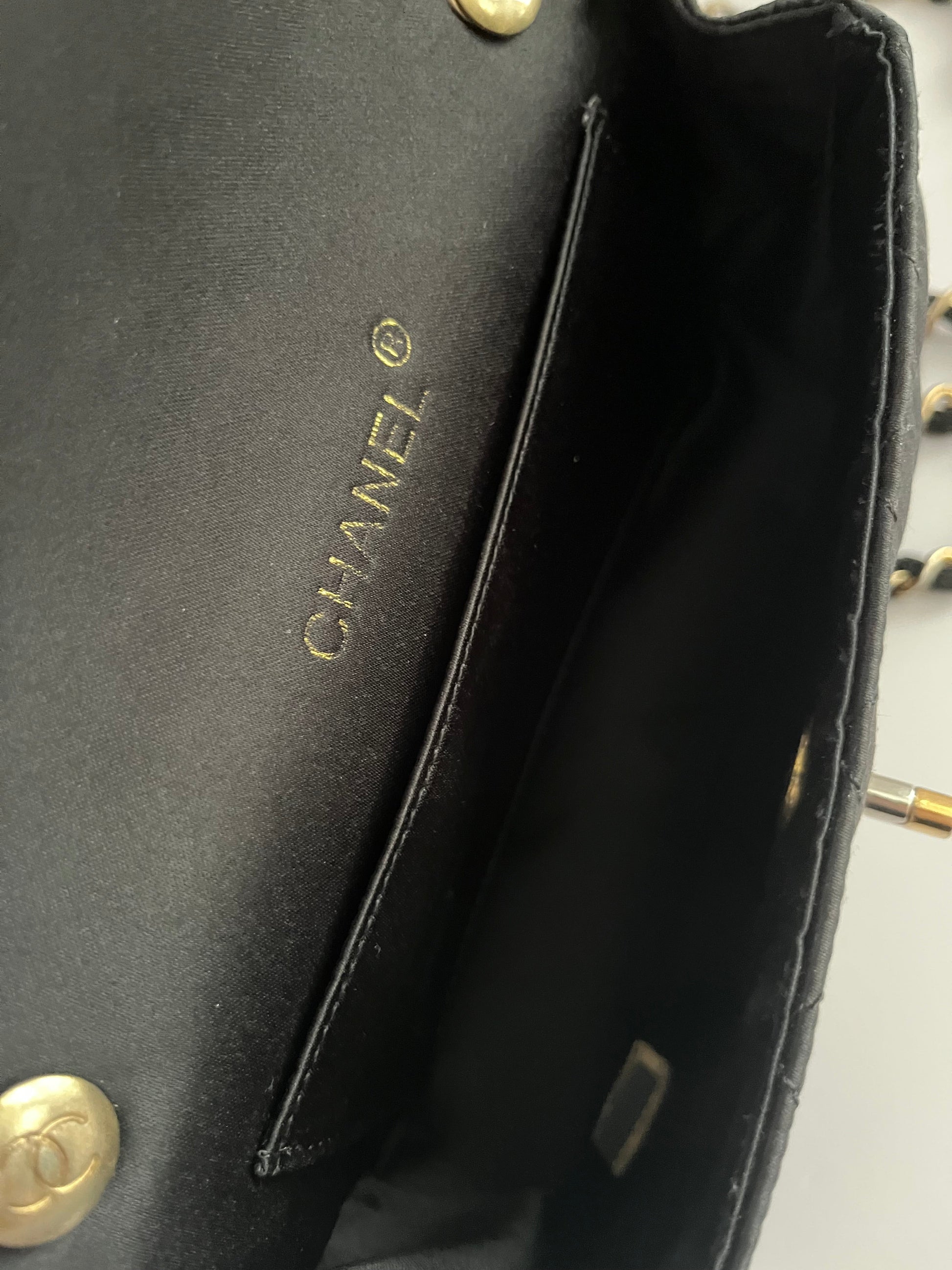 Chanel classic flap mini black satin gold hardware shoulder bag