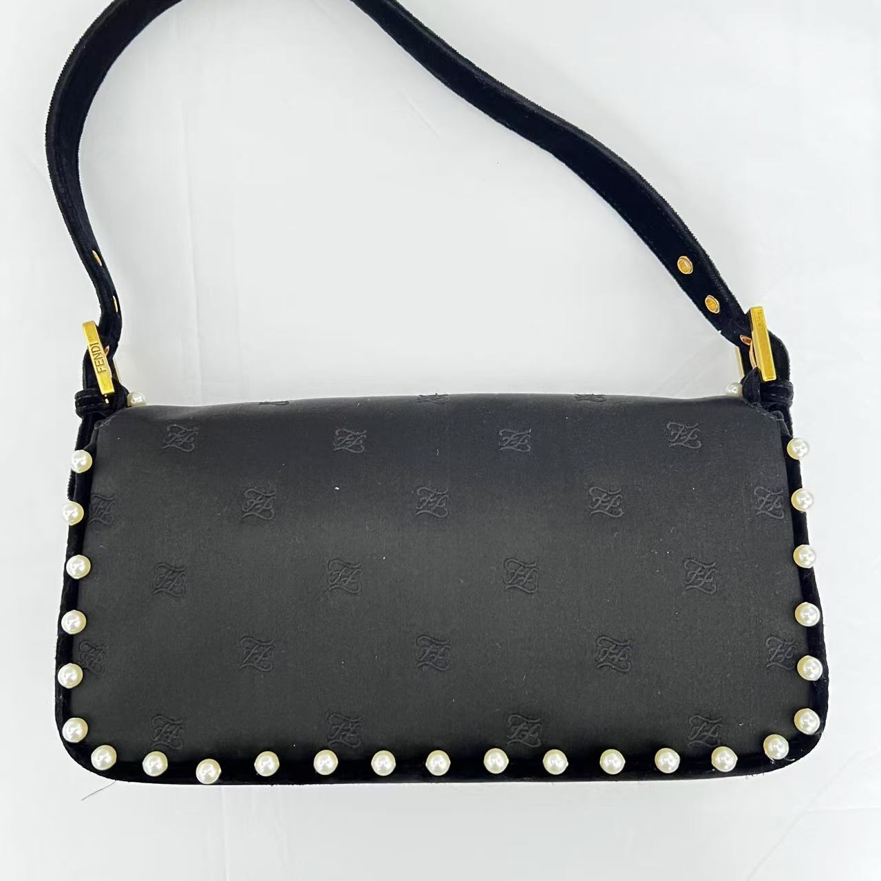 Fendi black satin pearl velvet baguette shoulder bag