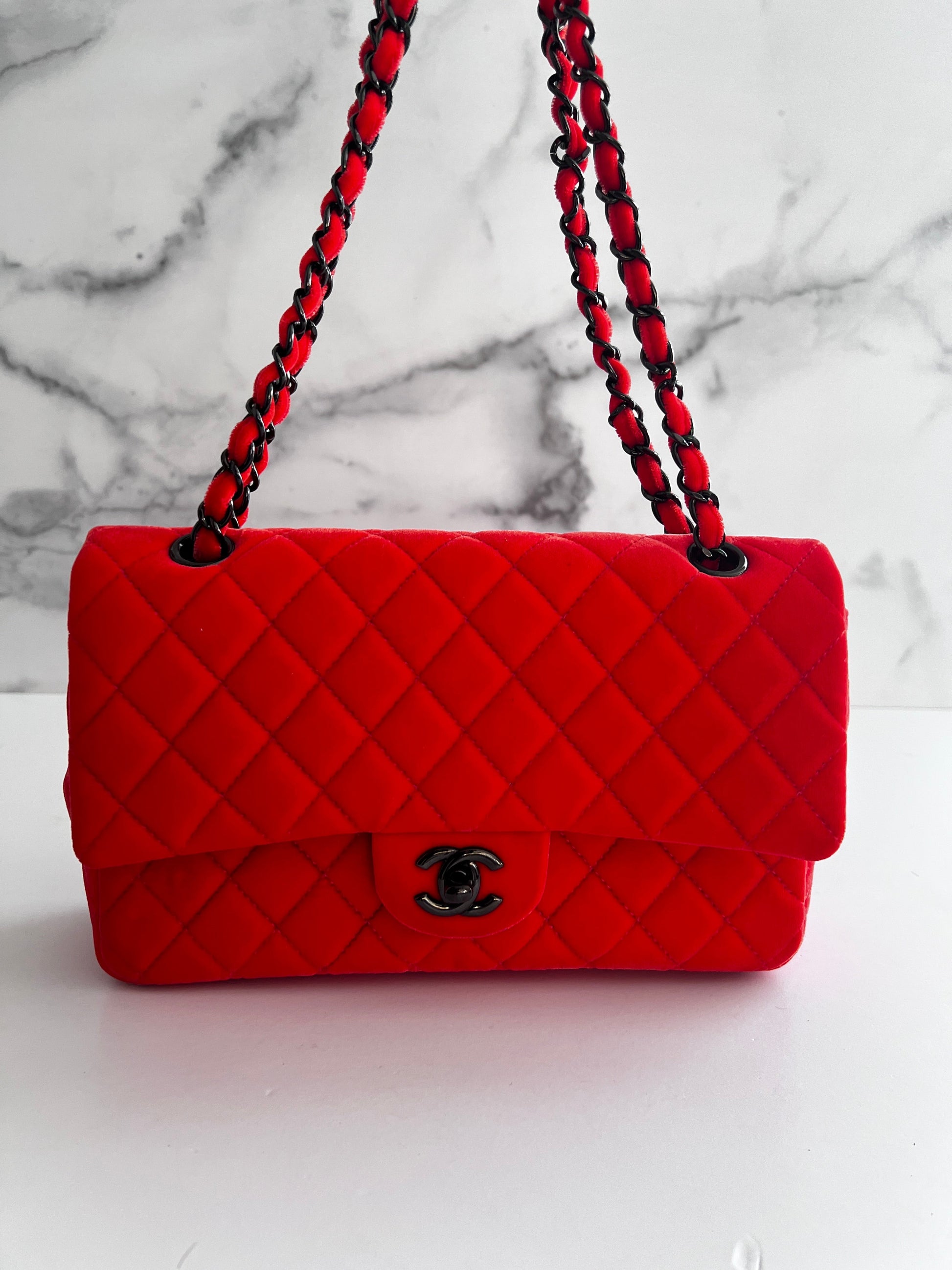 Chanel orange velvet double flap bag medium size