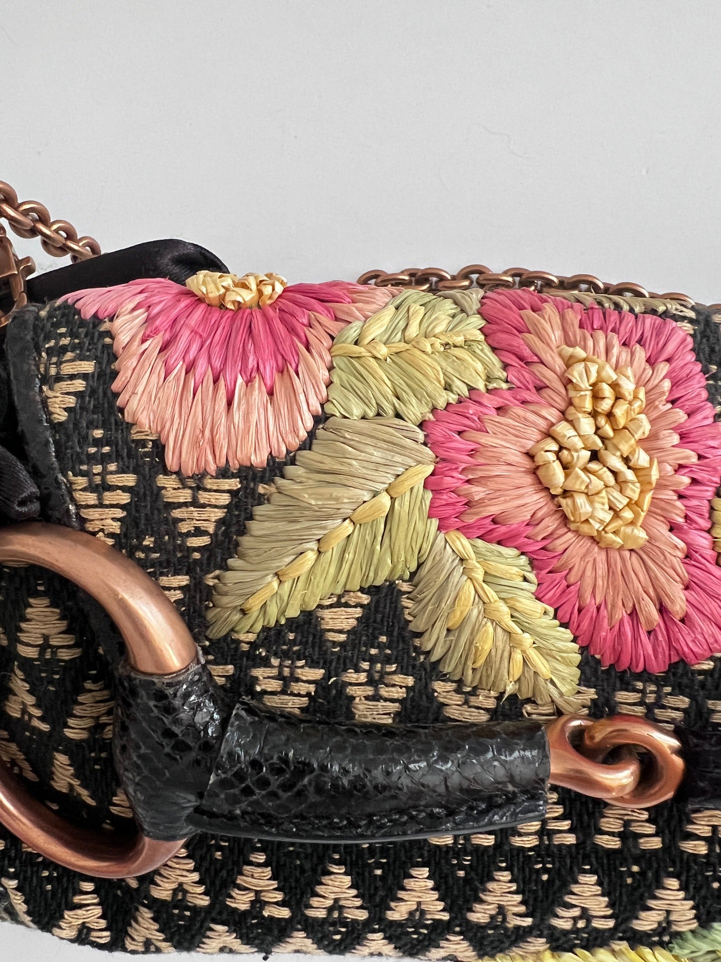 Vintage Gucci Raffia Embroidered Horsebit Chain Bag Medium