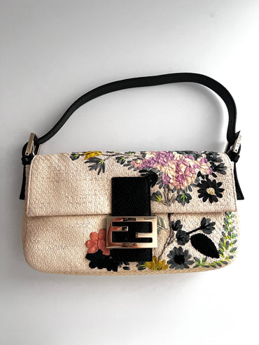 Fendi Raffia Floral Embroidered Baguette Bag