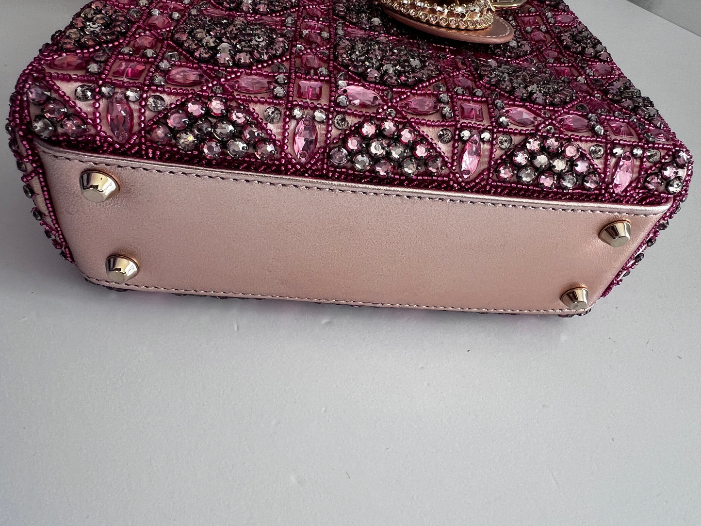Pre-loved Mini Lady Dior Bag Metallic Lambskin and Rose des Vents Satin Embroidered with Beads