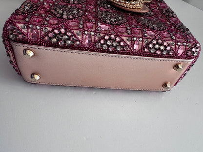 Pre-loved Mini Lady Dior Bag Metallic Lambskin and Rose des Vents Satin Embroidered with Beads