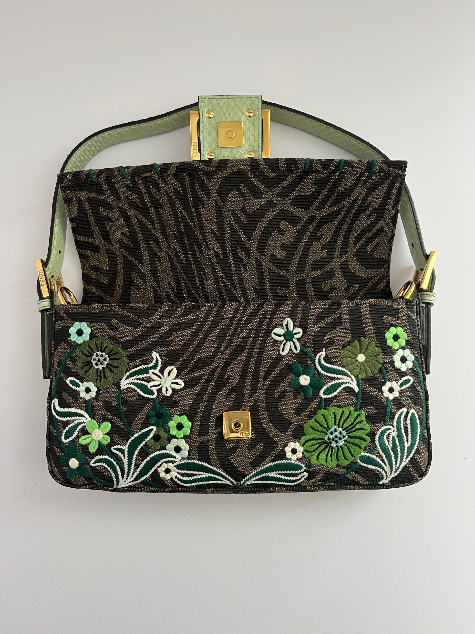 Fendi baguette FF embroidery gold hardware shoulder bag