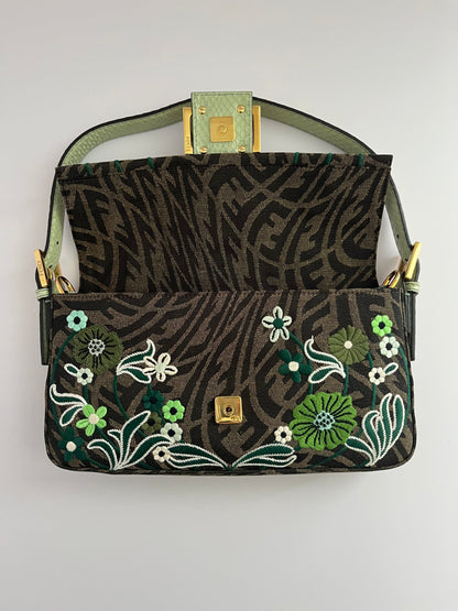 Fendi baguette FF embroidery gold hardware shoulder bag