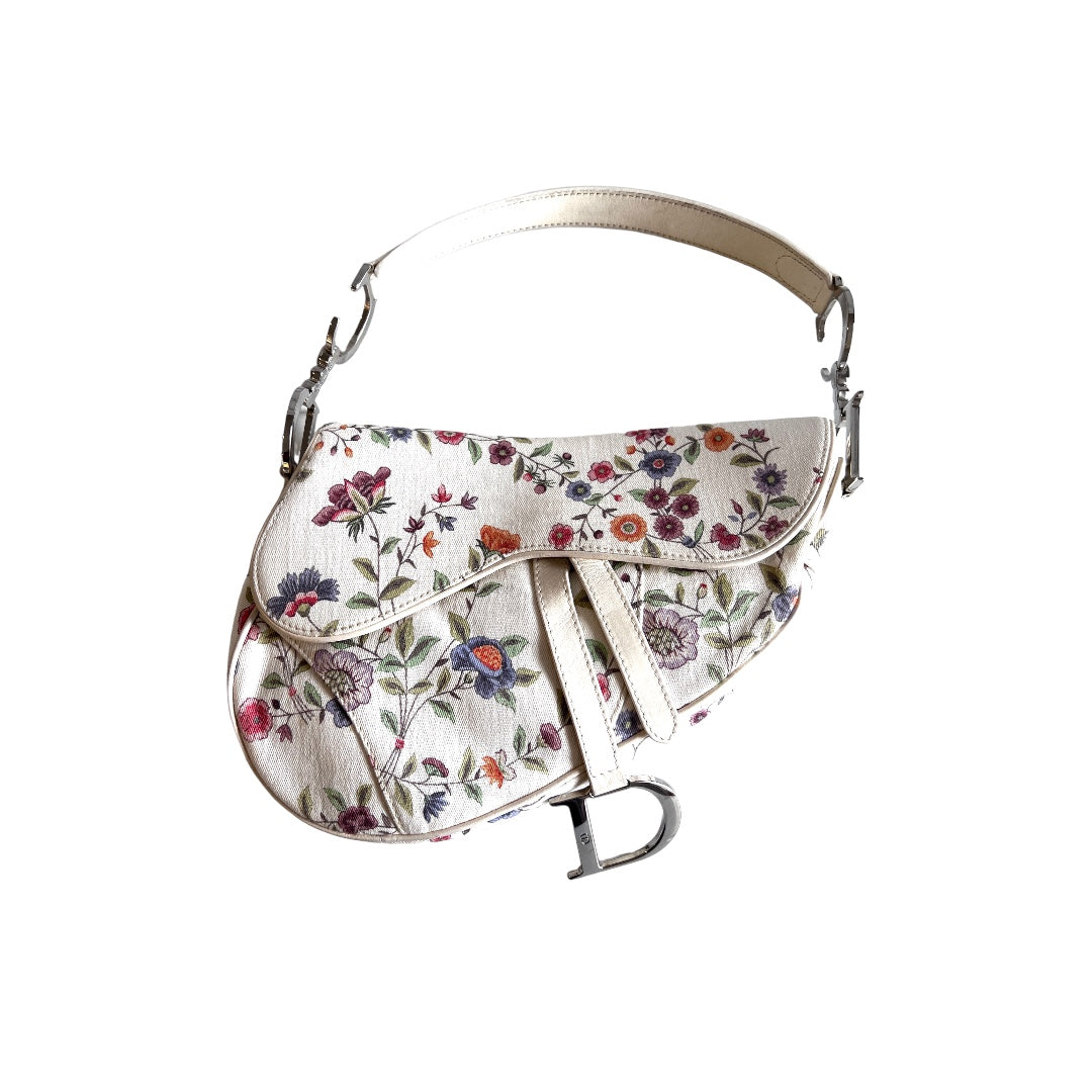 Dior limited edition white floral canva saddle bag