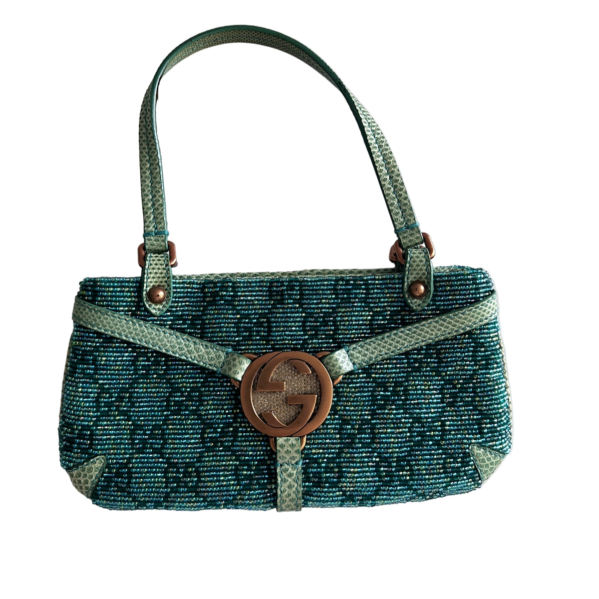 Gucci Gucci Turquoise GG Nonogram Crystals beaded lizard skin bag