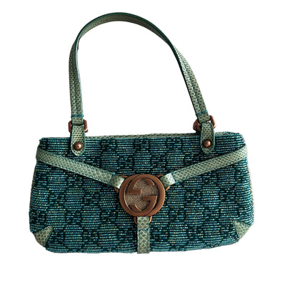 Gucci Turquoise GG Nonogram Crystals beaded lizard skin bag