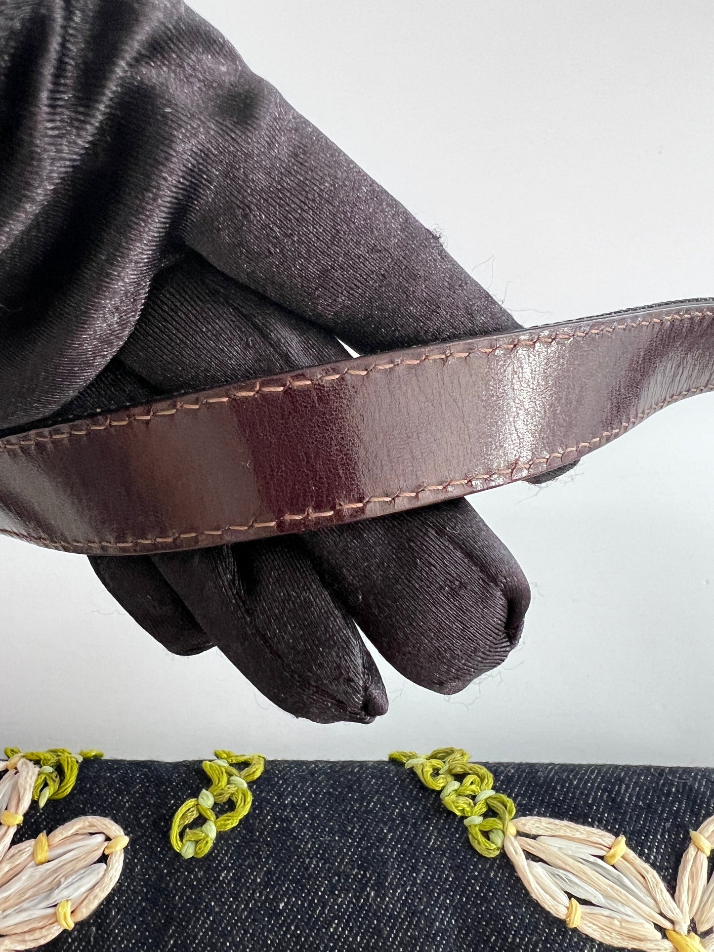 Vintage Fendi raffia raffia embroidered denim baguette