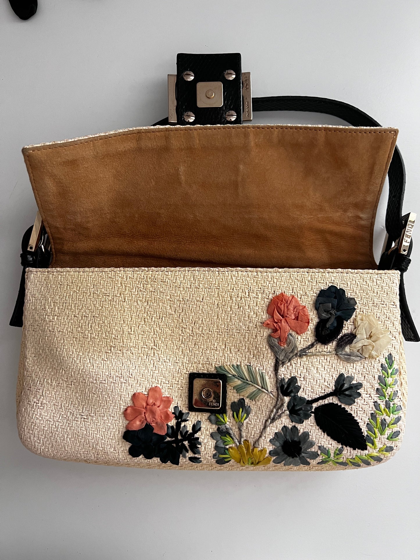 Fendi Raffia Floral Embroidered Baguette Bag