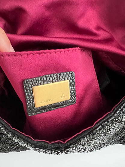 Fendi black beaded mini mamma baguette lizard skin trimmed