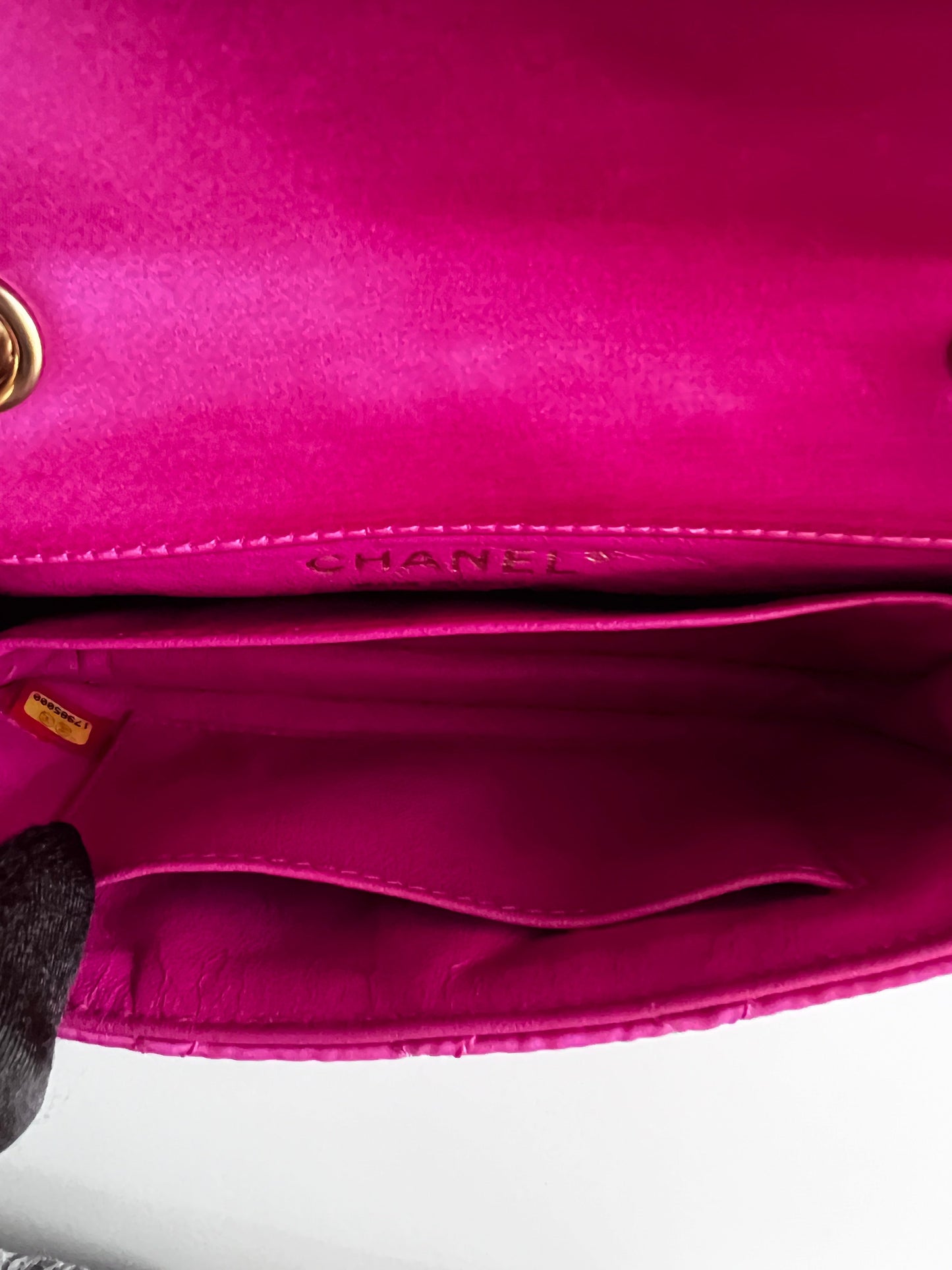 Chanel extra mini pink satin flap bag, like new