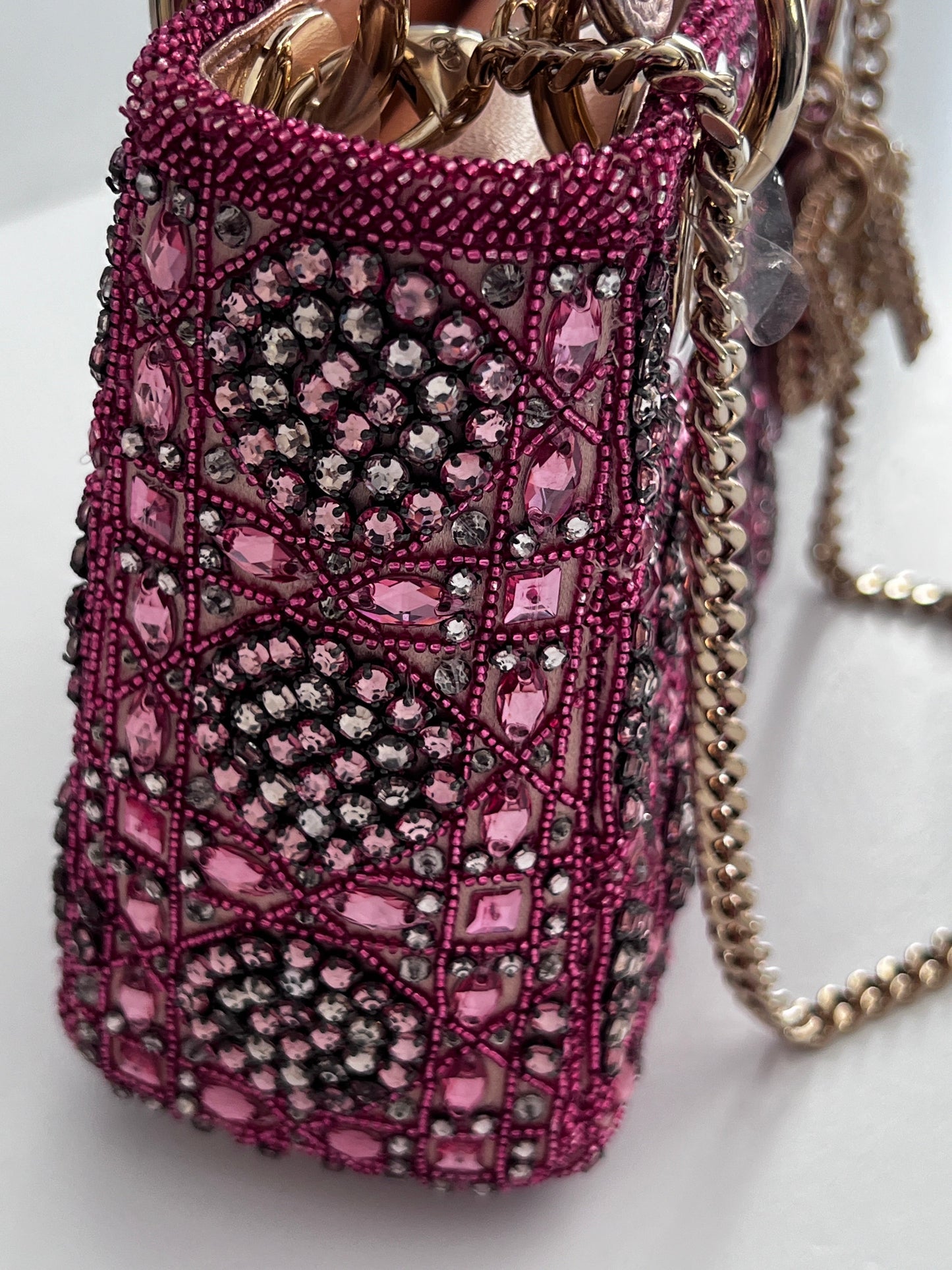 Pre-loved Mini Lady Dior Bag Metallic Lambskin and Rose des Vents Satin Embroidered with Beads