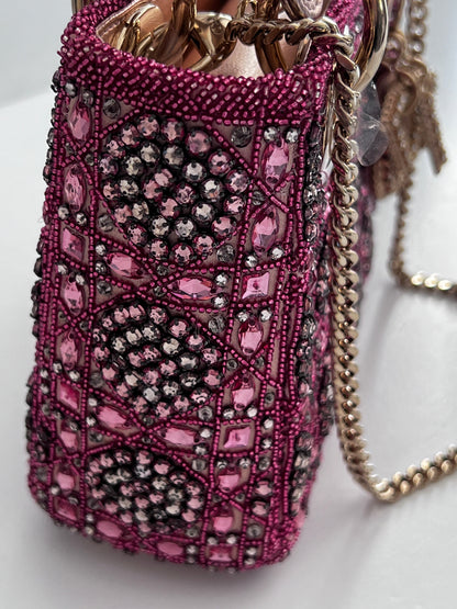 Pre-loved Mini Lady Dior Bag Metallic Lambskin and Rose des Vents Satin Embroidered with Beads