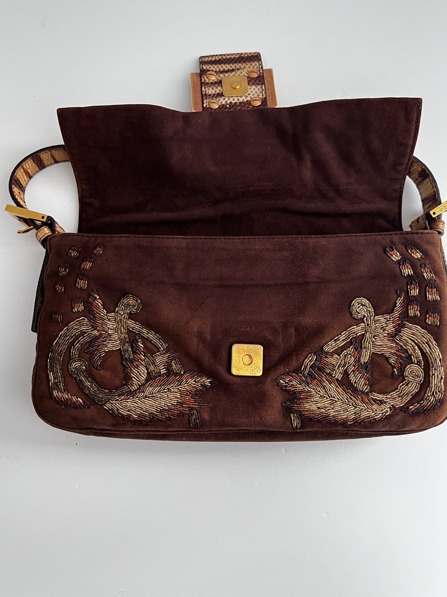 Fendi embroidered brown suede baguette