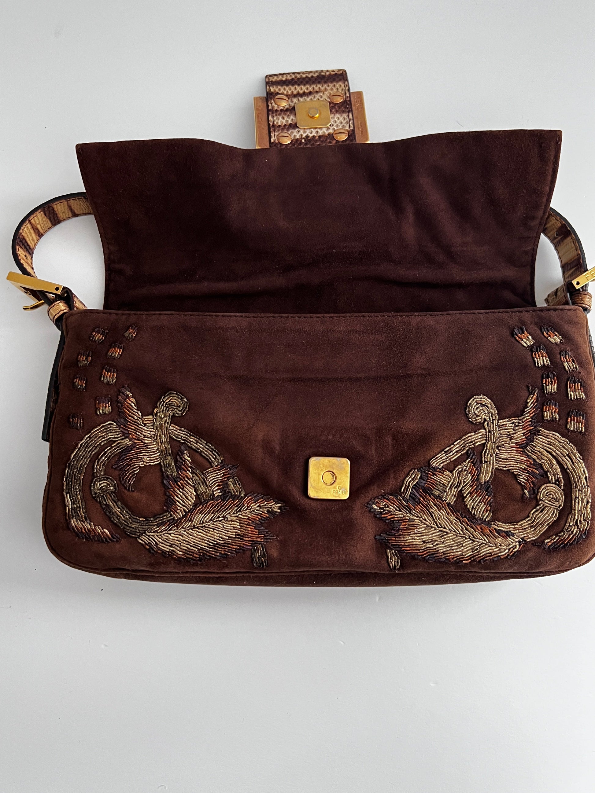Fendi embroidered brown suede baguette