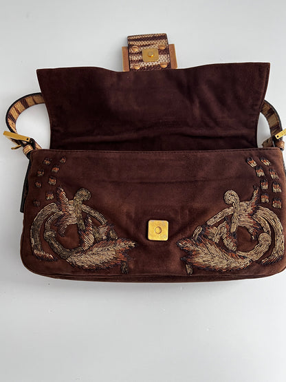 Fendi embroidered brown suede baguette