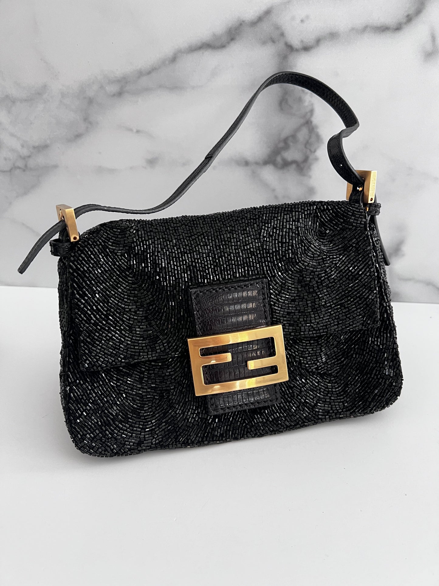 Fendi black beaded mini mamma baguette lizard skin trimmed