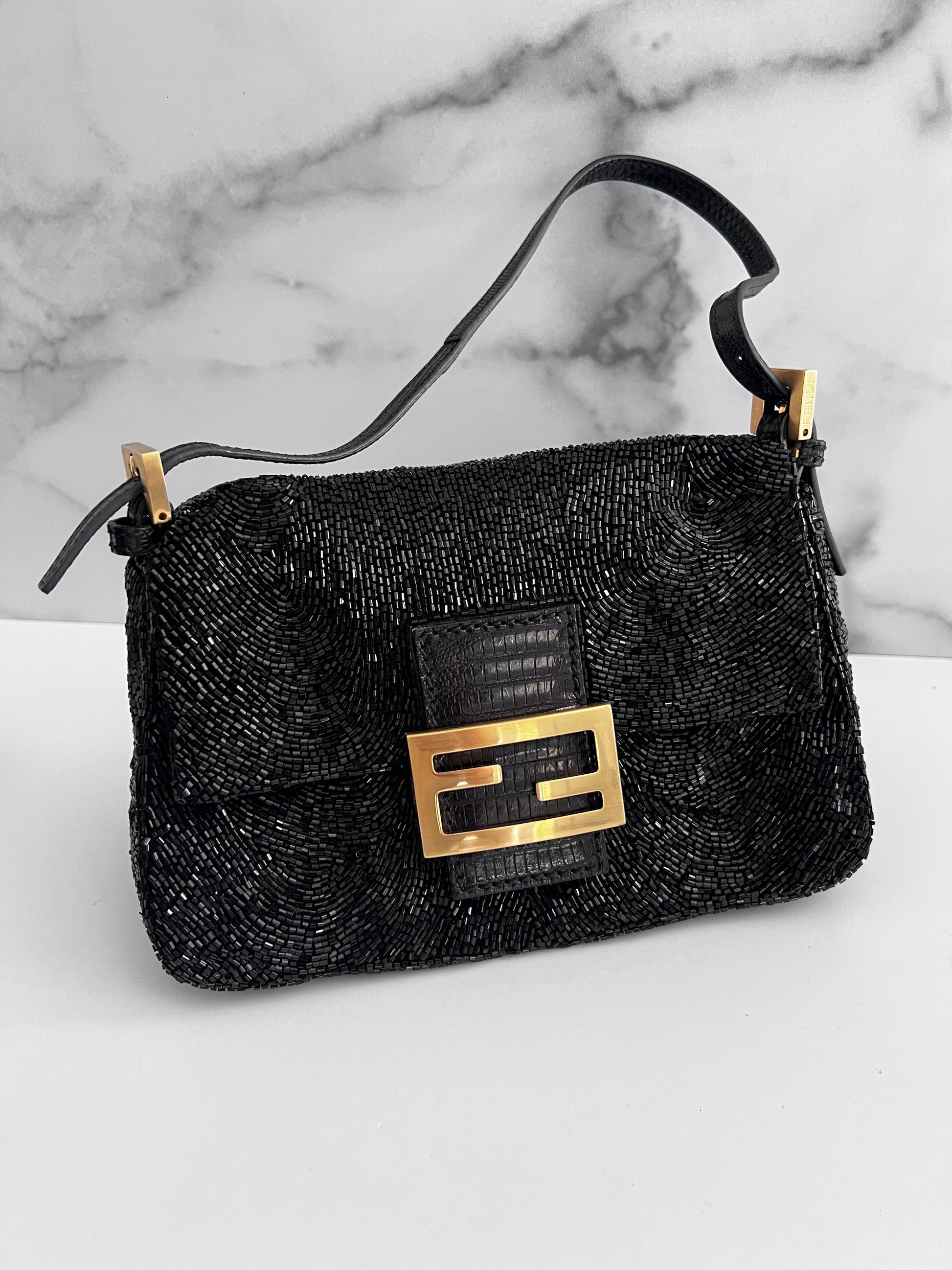 Fendi black beaded mini mamma baguette lizard skin trimmed