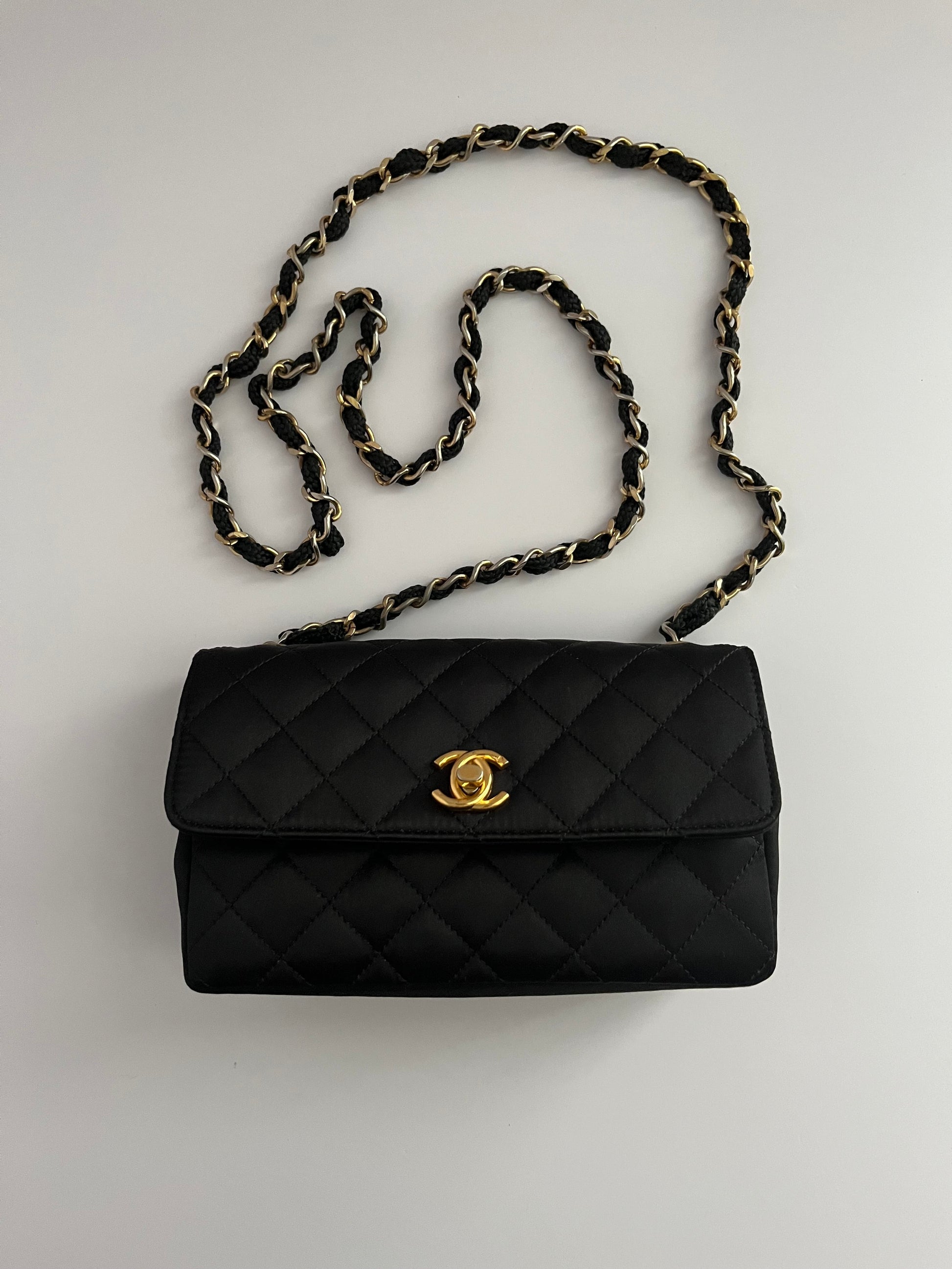Chanel classic flap mini black satin gold hardware shoulder bag