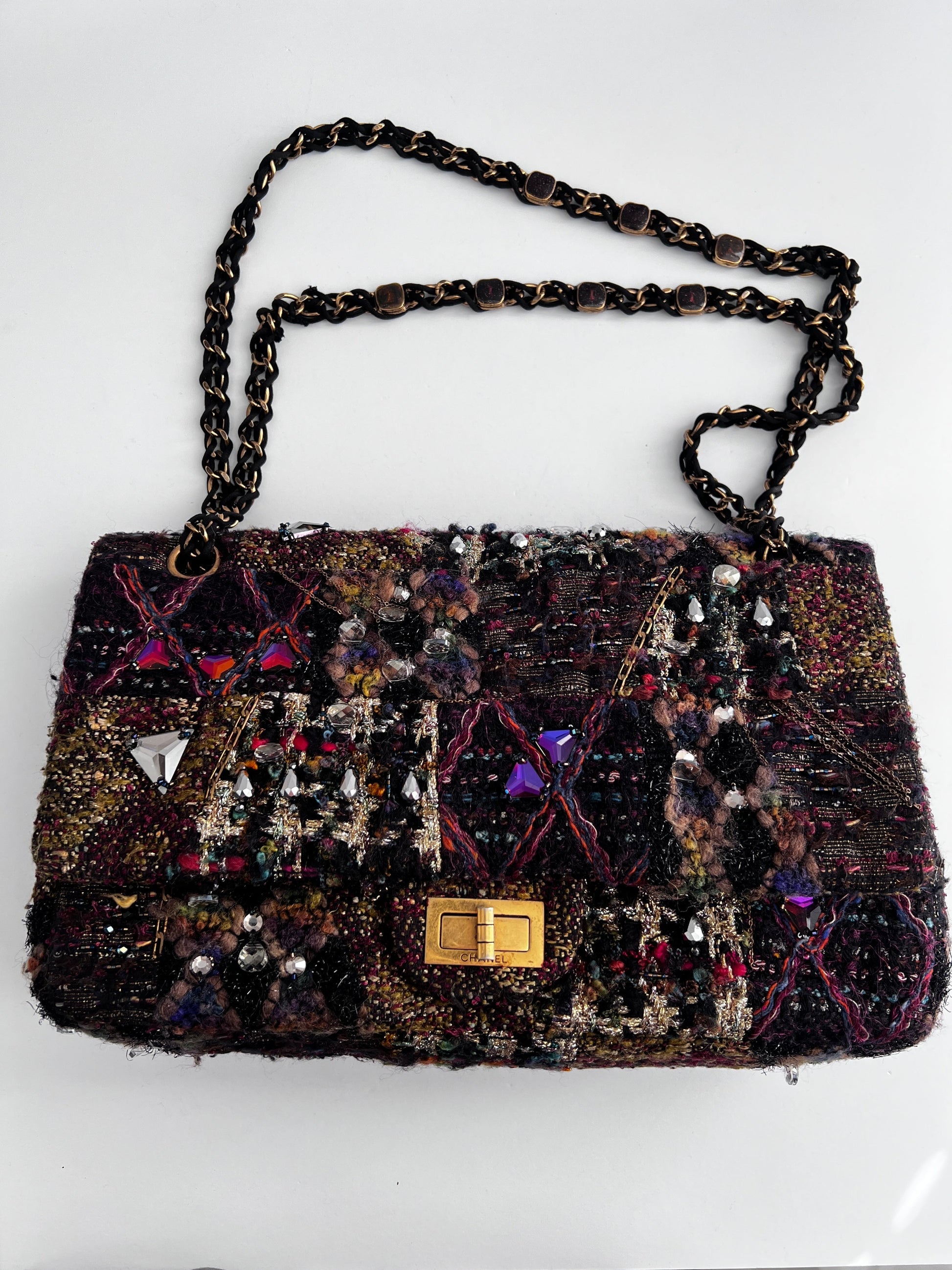 Chanel tweed crystal embellished Paris Byzance reissue 2.55 flap bag jumbo size