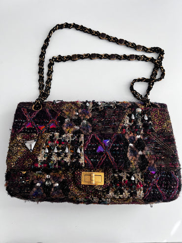 Chanel tweed crystal embellished Paris Byzance reissue 2.55 flap bag jumbo size