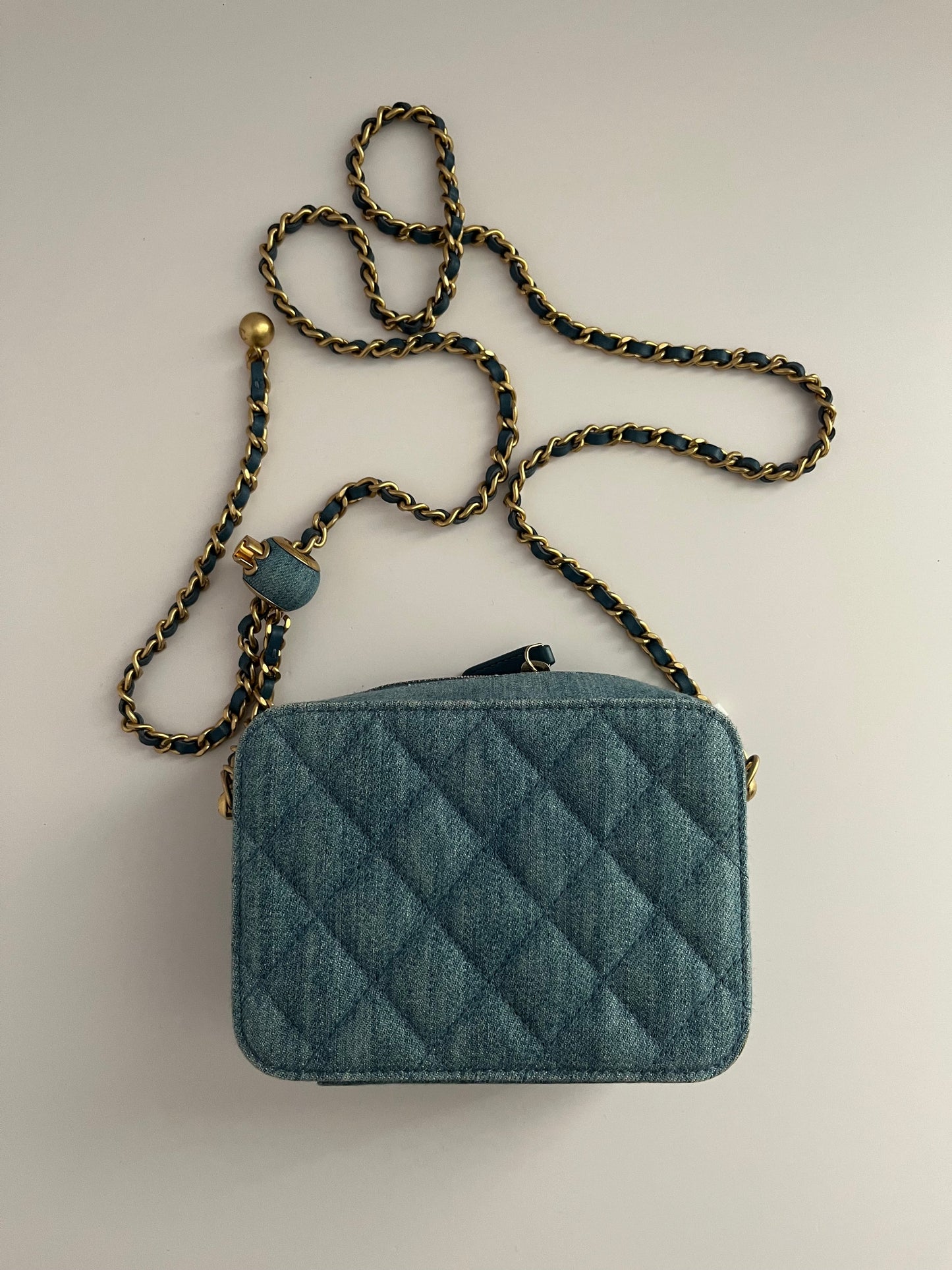 Chanel blue denim gold ball camera shoulder bag