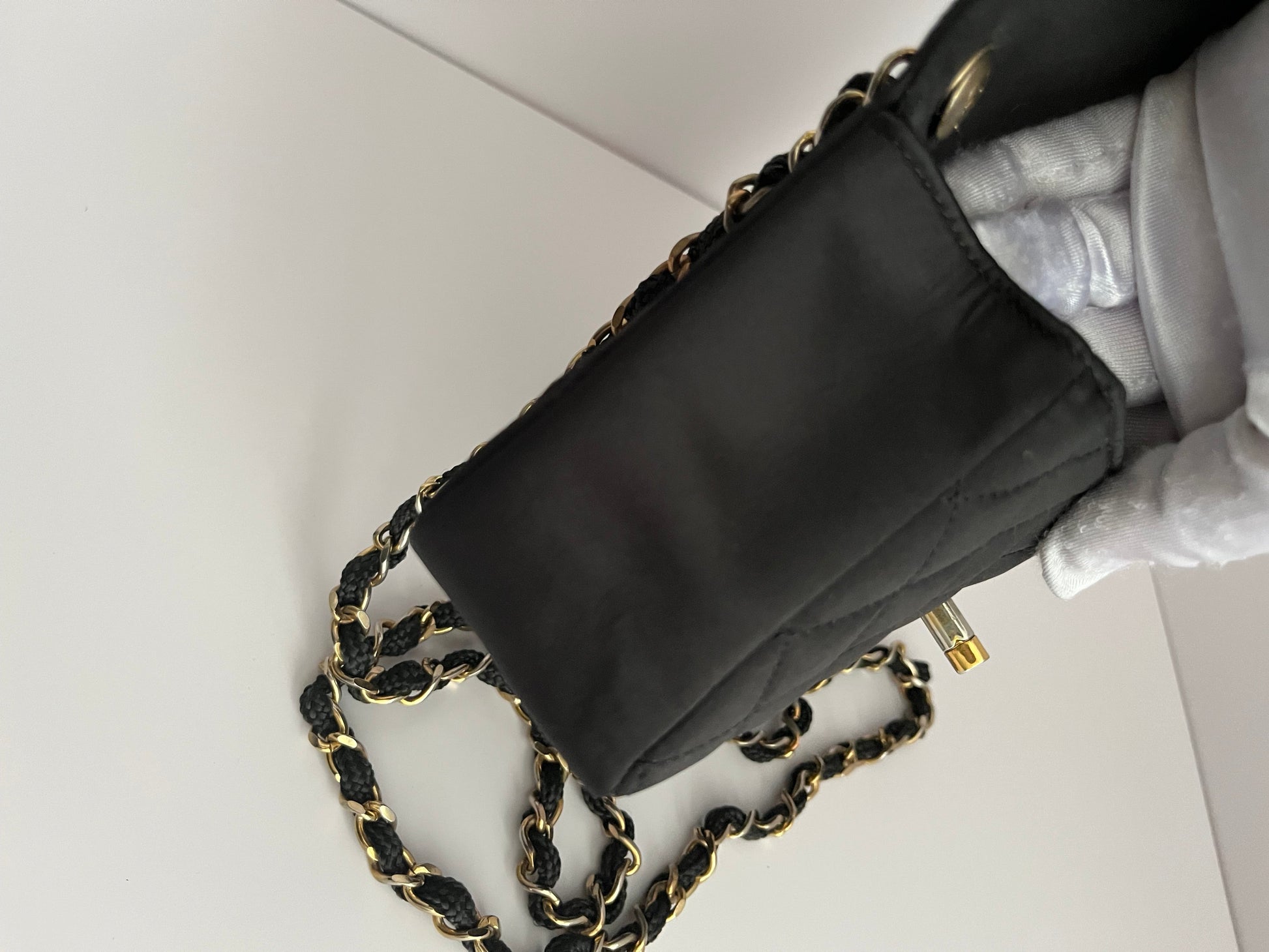 Chanel classic flap mini black satin gold hardware shoulder bag