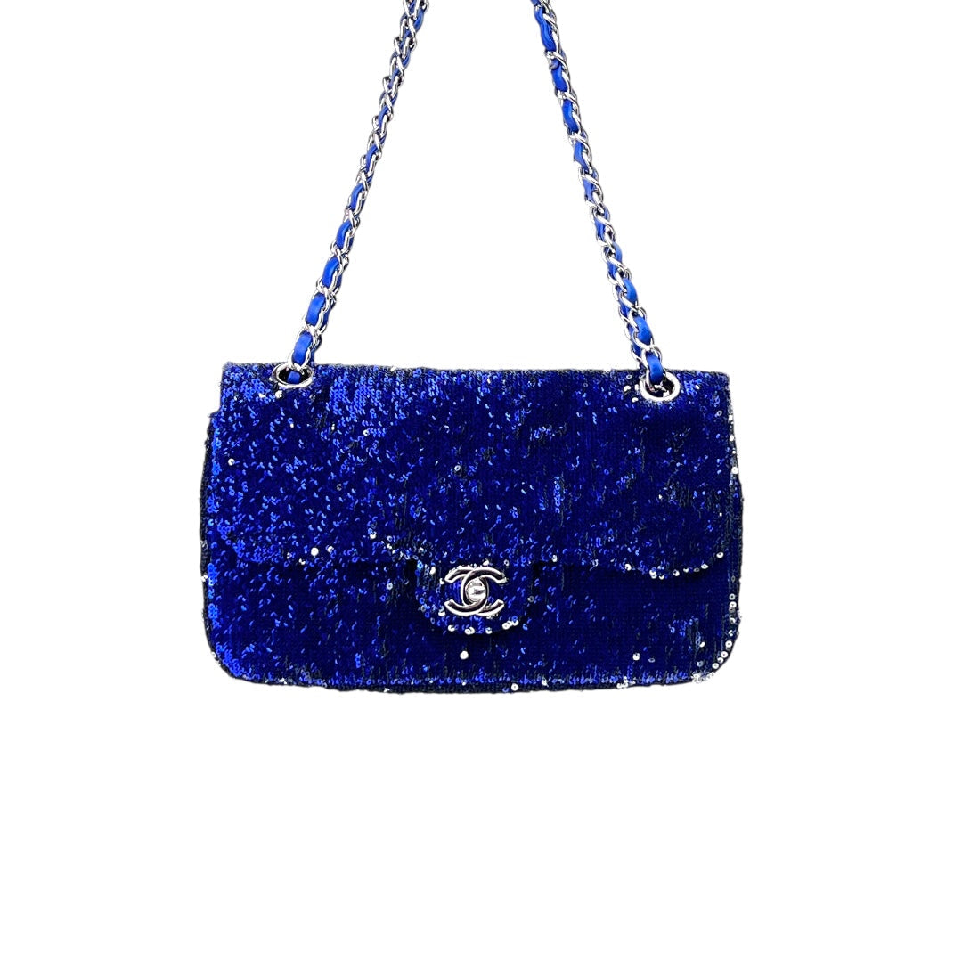 Chanel Blue marine sequin medium size single flap bag