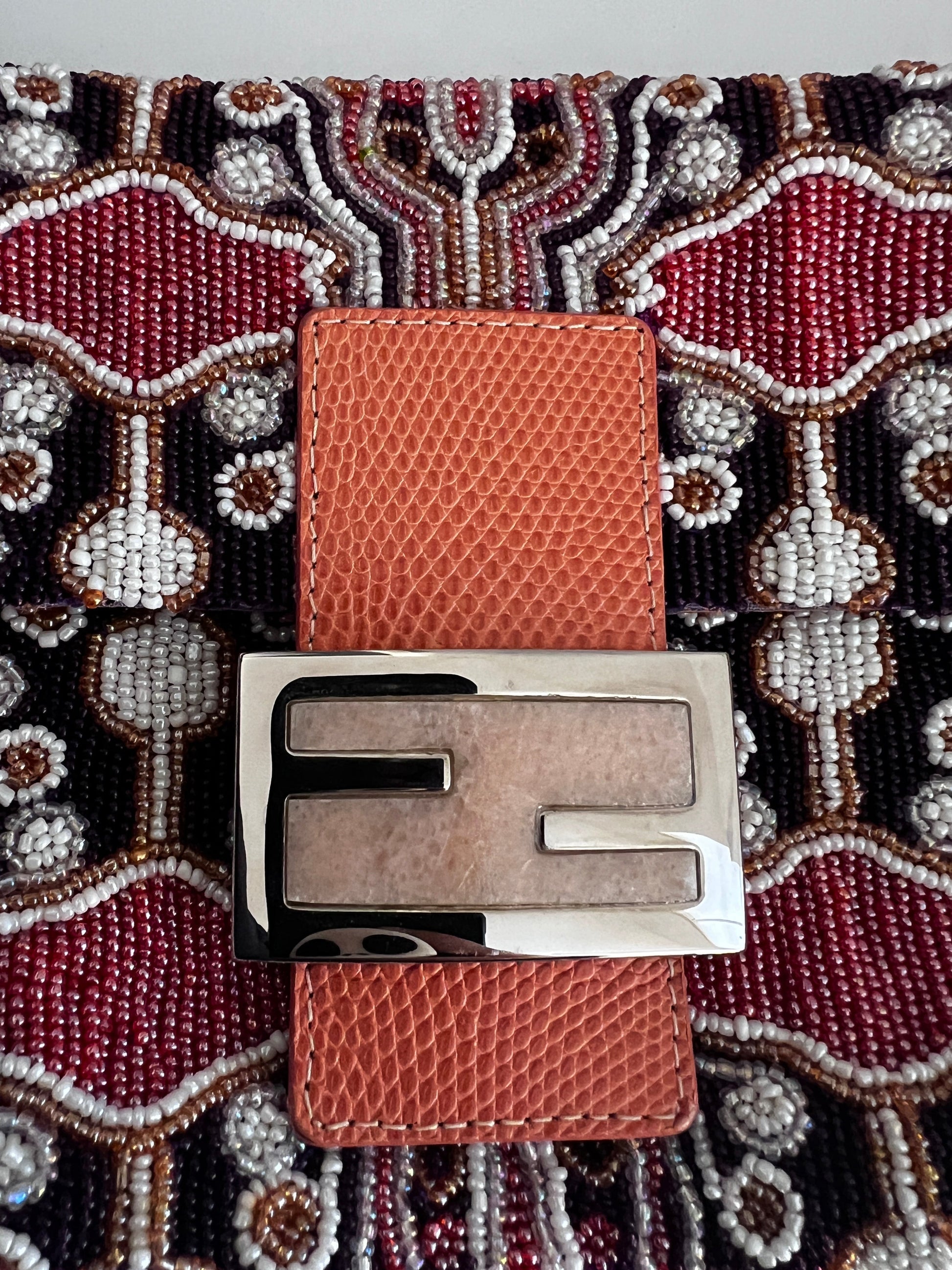 Fendi orange beaded embroidered baguette