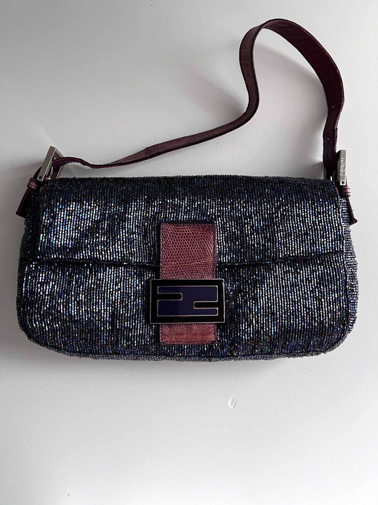 Fendi Vintage iridescent beaded lizard skin trimmed baguette