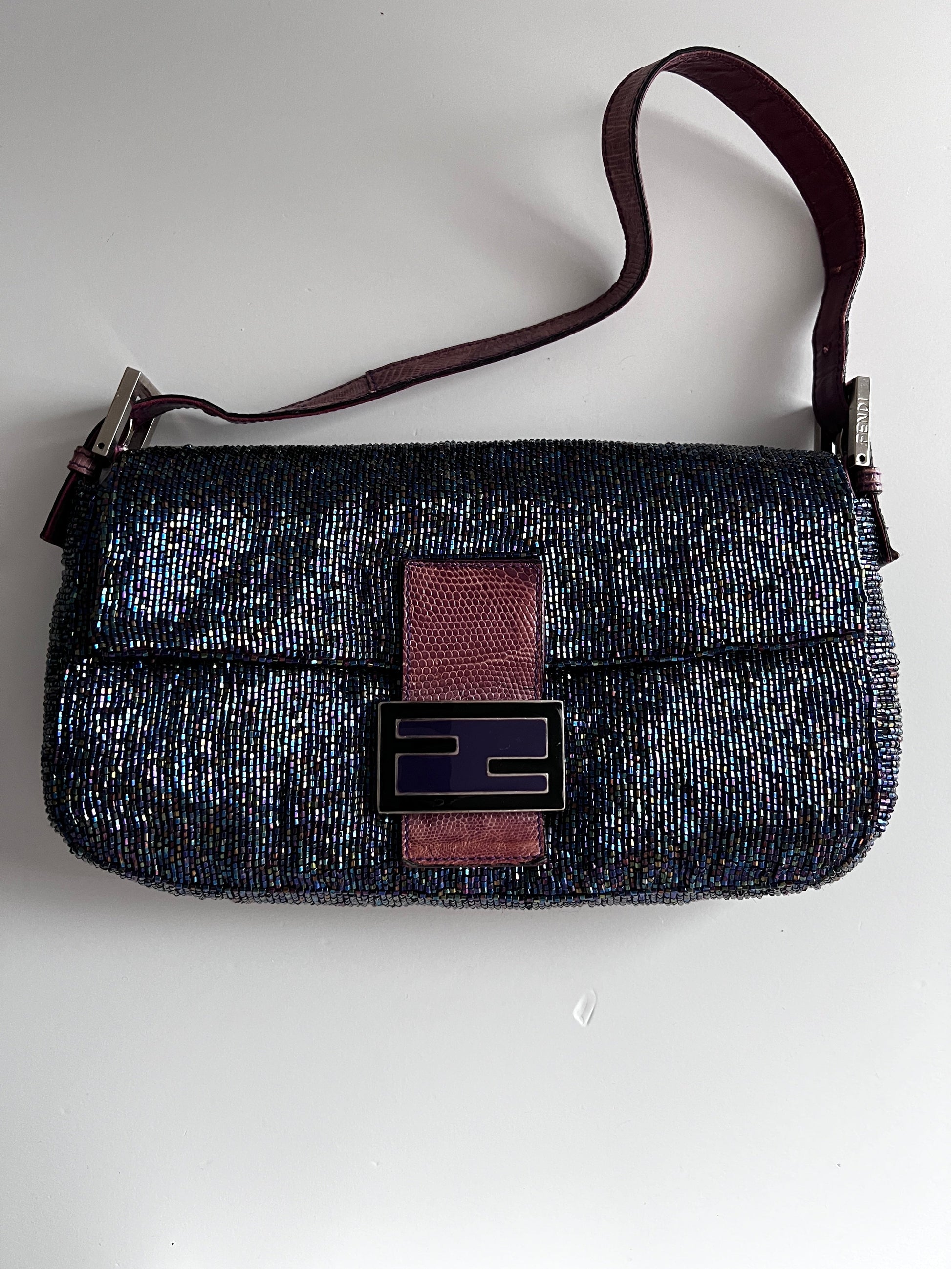 Fendi Vintage iridescent beaded lizard skin trimmed baguette