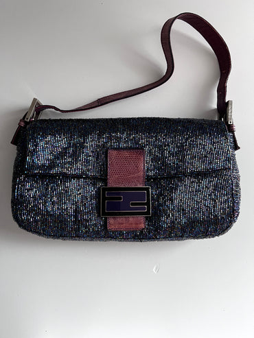 Fendi Vintage iridescent beaded lizard skin trimmed baguette