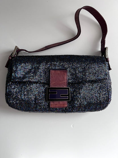 Fendi Vintage iridescent beaded lizard skin trimmed baguette