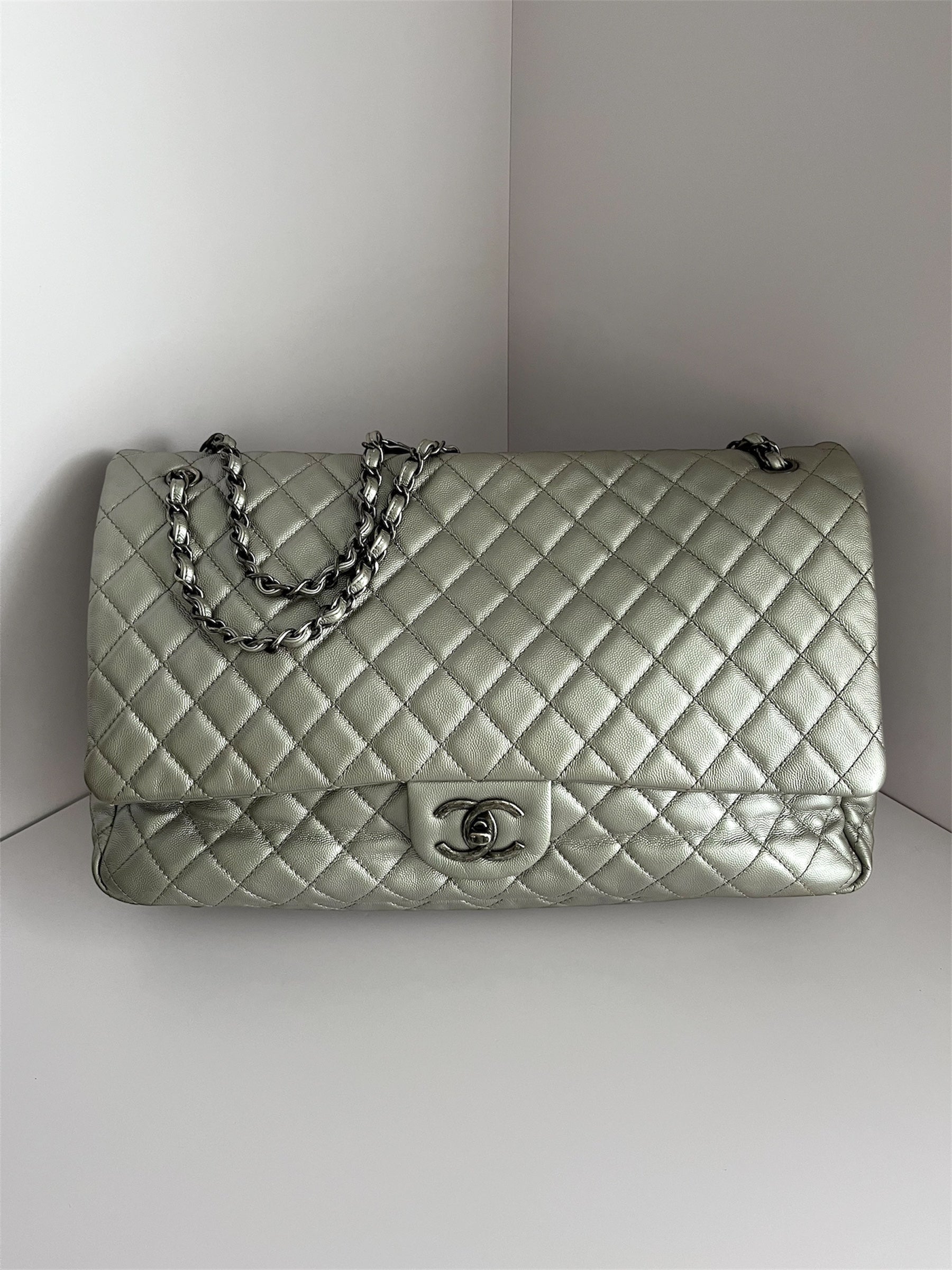 Chanel Classic Flap XXL Silver Leather Travel Bag