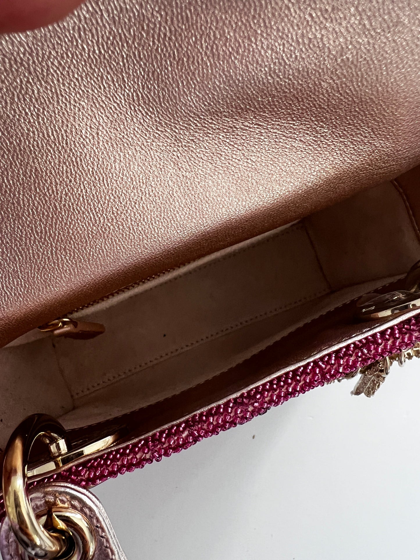 Pre-loved Mini Lady Dior Bag Metallic Lambskin and Rose des Vents Satin Embroidered with Beads