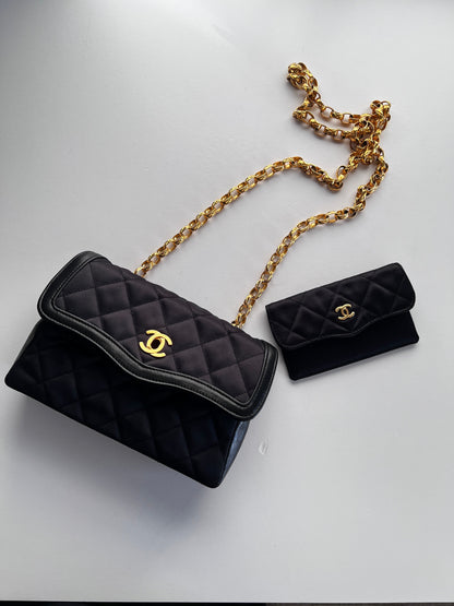 Vintage Chanel satin & leather flap bag with card holder
